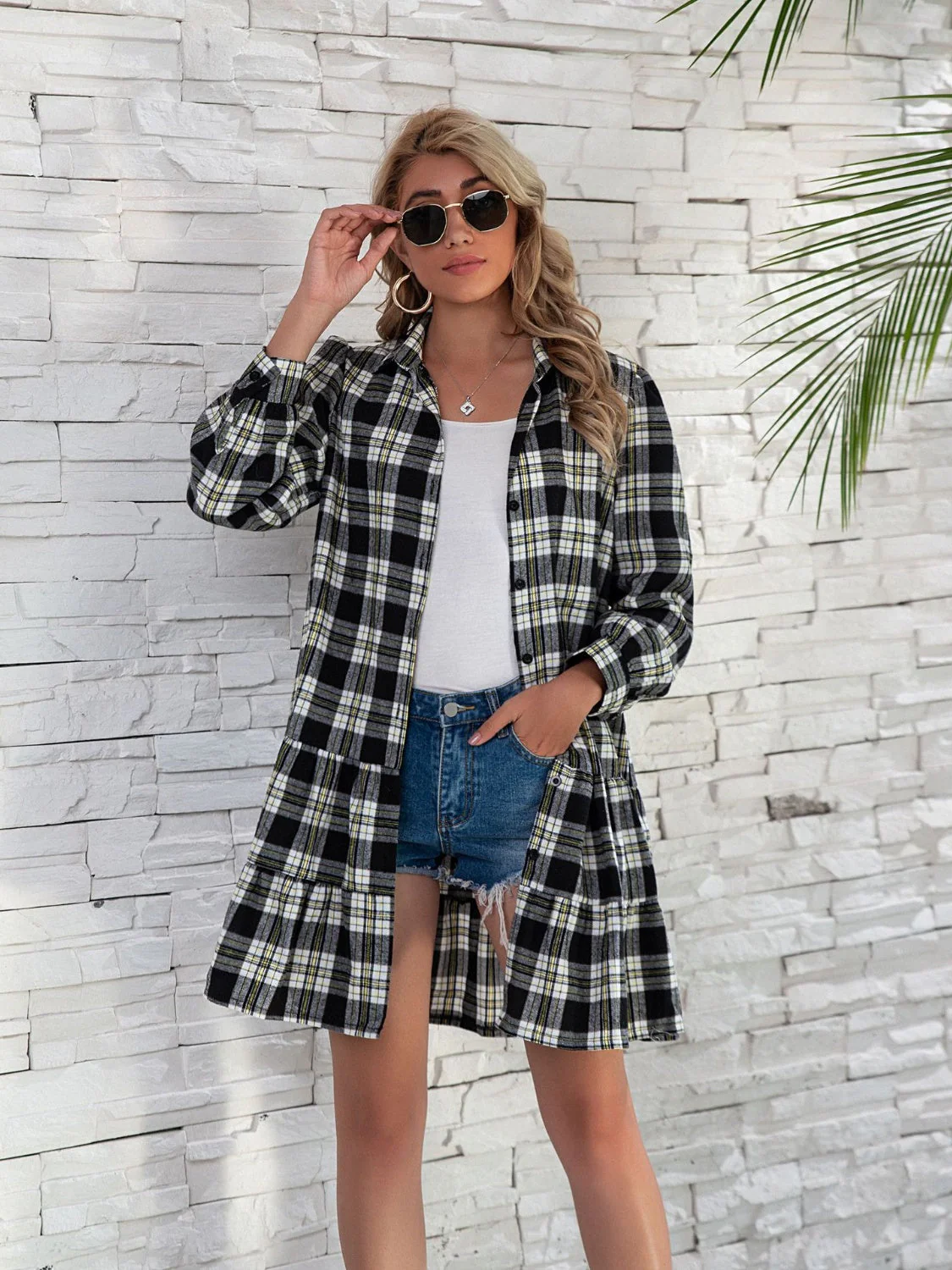 Ruffle Hem Plaid Button Down Long Sleeve Dress - Image 10