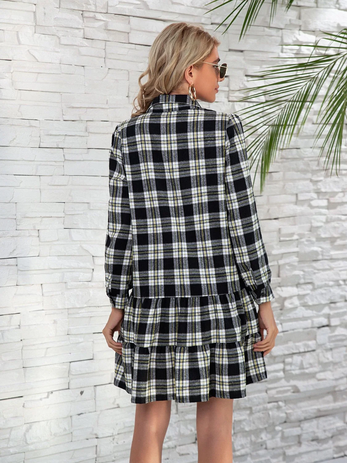Ruffle Hem Plaid Button Down Long Sleeve Dress - Image 11