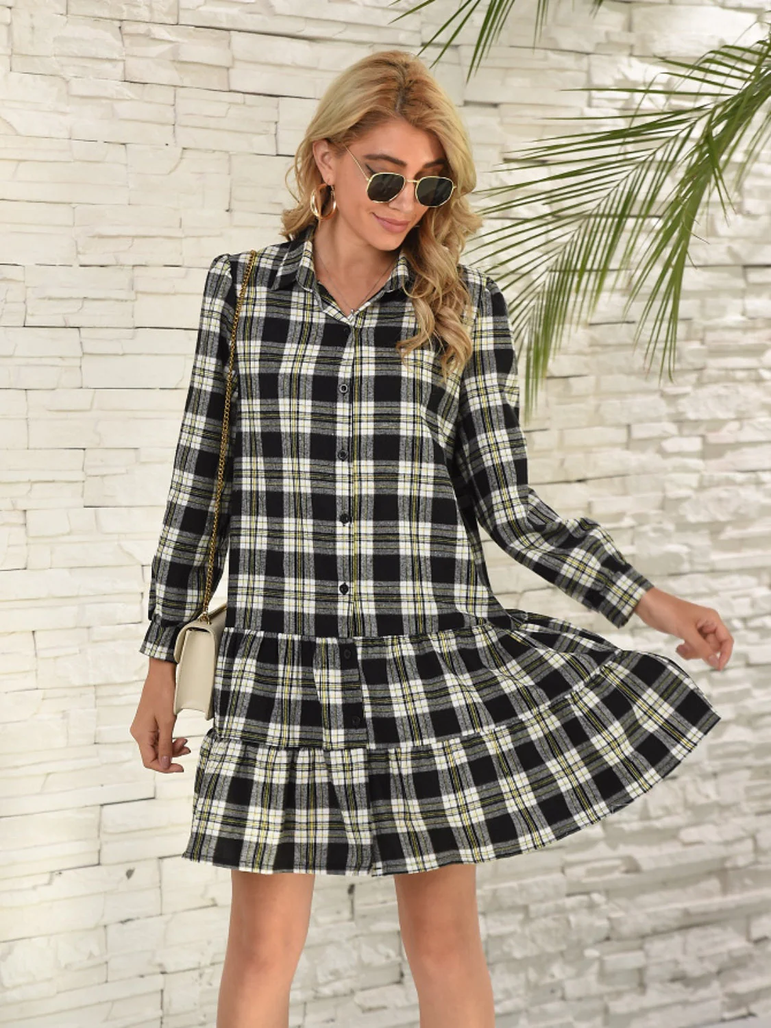 Ruffle Hem Plaid Button Down Long Sleeve Dress - Image 12