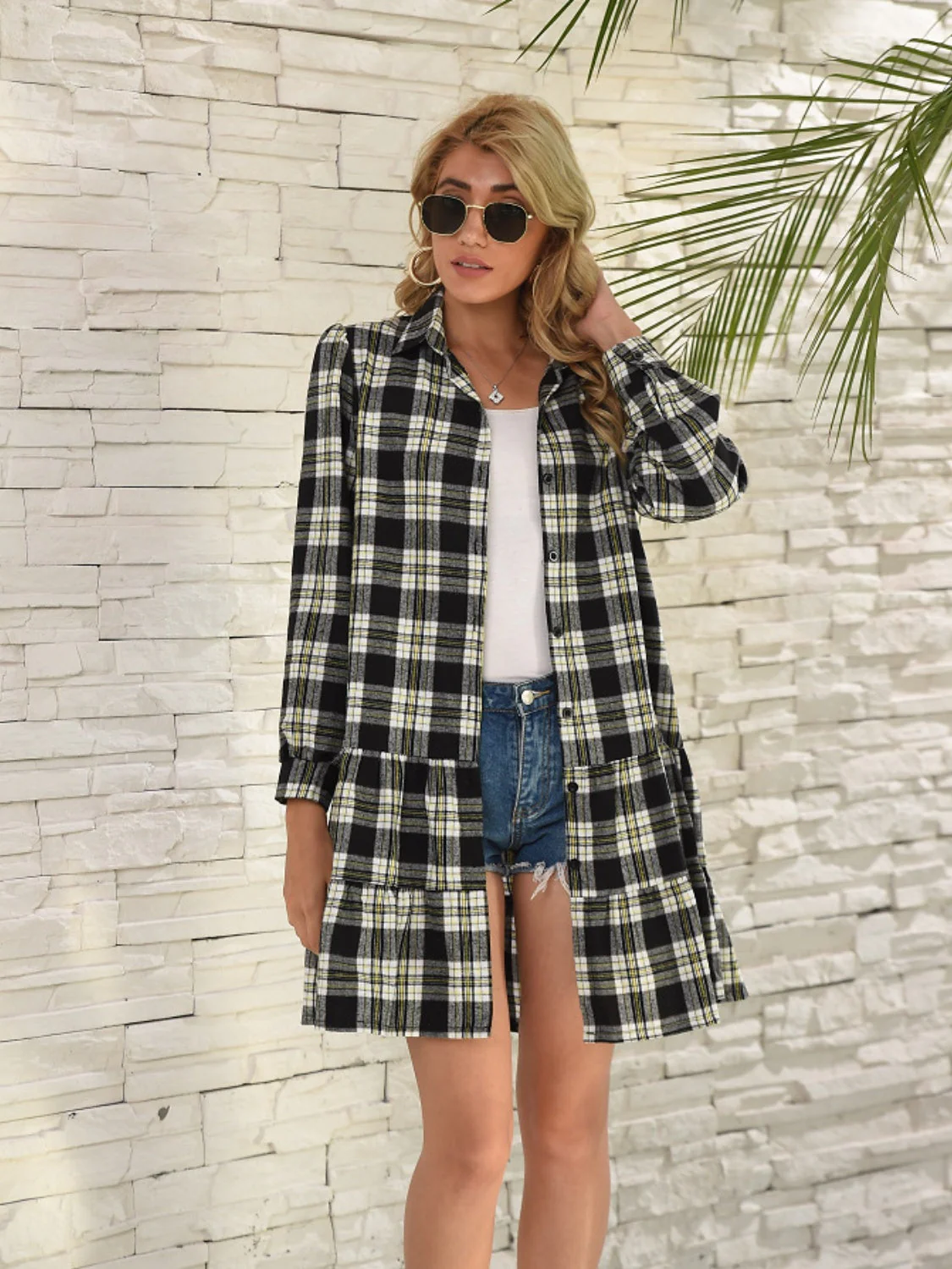 Ruffle Hem Plaid Button Down Long Sleeve Dress - Image 13
