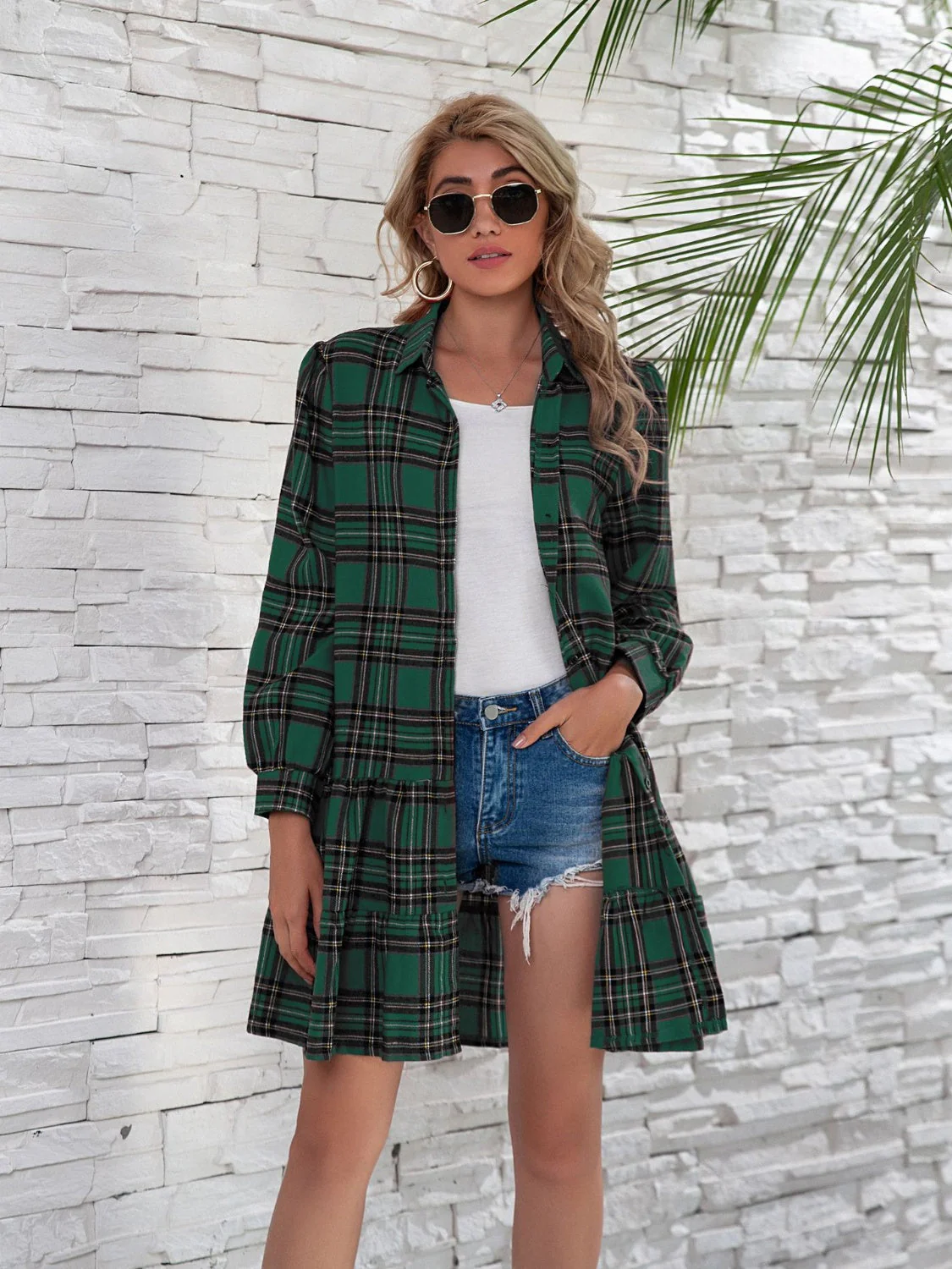 Ruffle Hem Plaid Button Down Long Sleeve Dress - Image 15