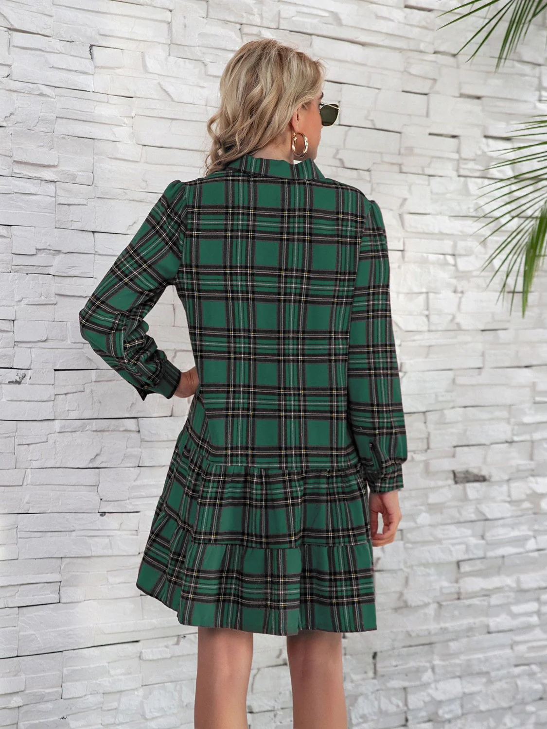 Ruffle Hem Plaid Button Down Long Sleeve Dress - Image 16