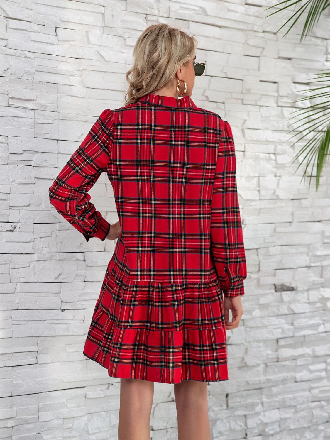 Ruffle Hem Plaid Button Down Long Sleeve Dress - Image 3