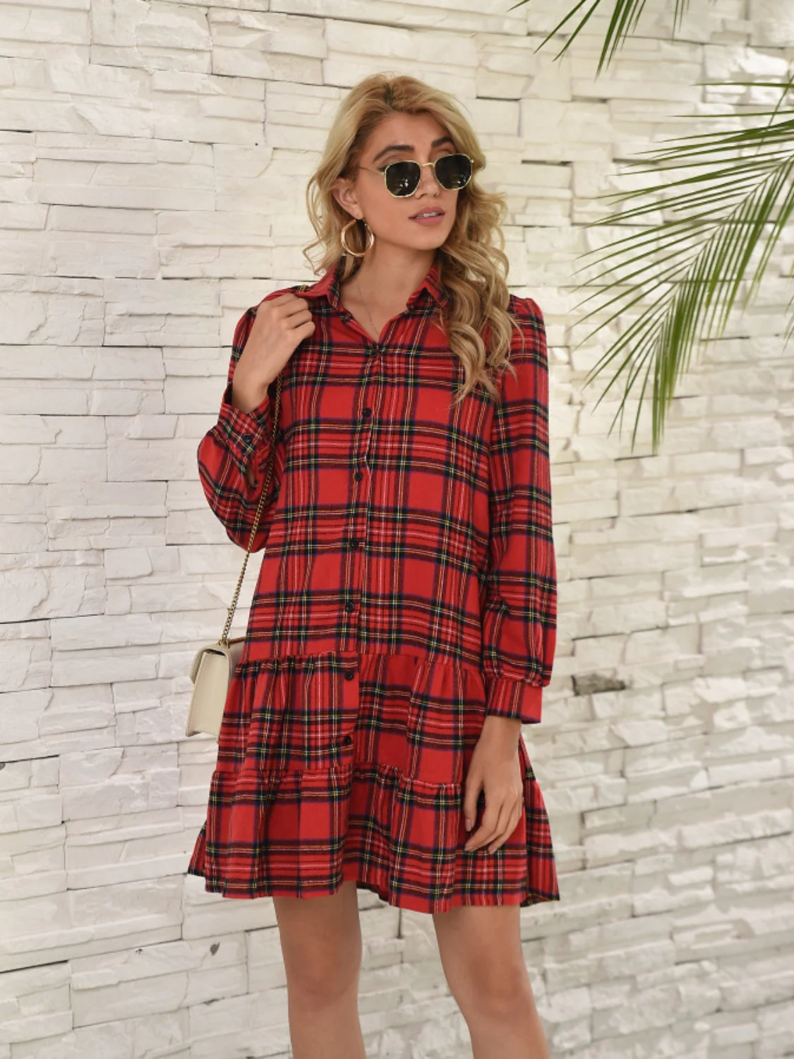 Ruffle Hem Plaid Button Down Long Sleeve Dress - Image 6