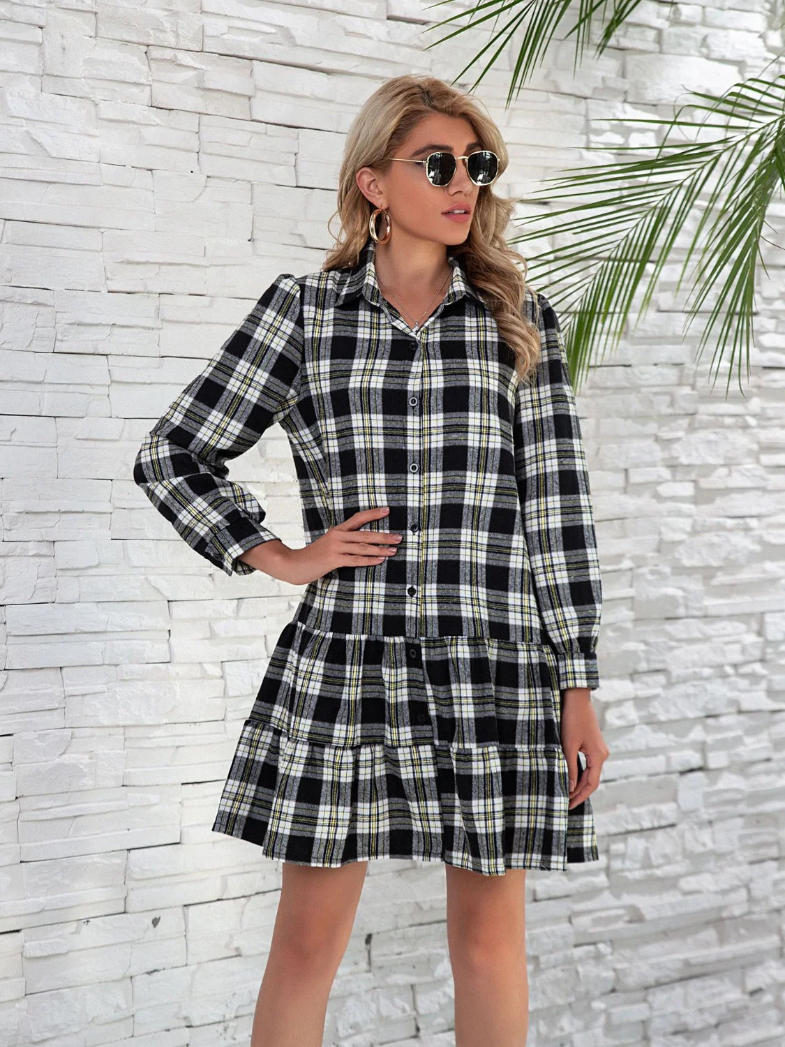 Ruffle Hem Plaid Button Down Long Sleeve Dress - Image 7