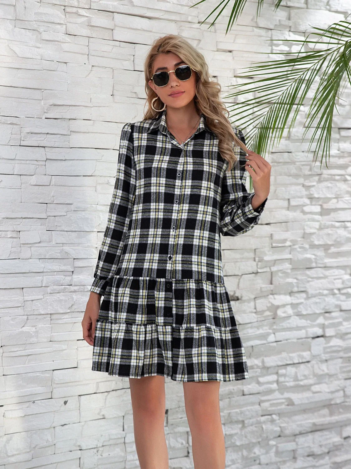 Ruffle Hem Plaid Button Down Long Sleeve Dress - Image 8