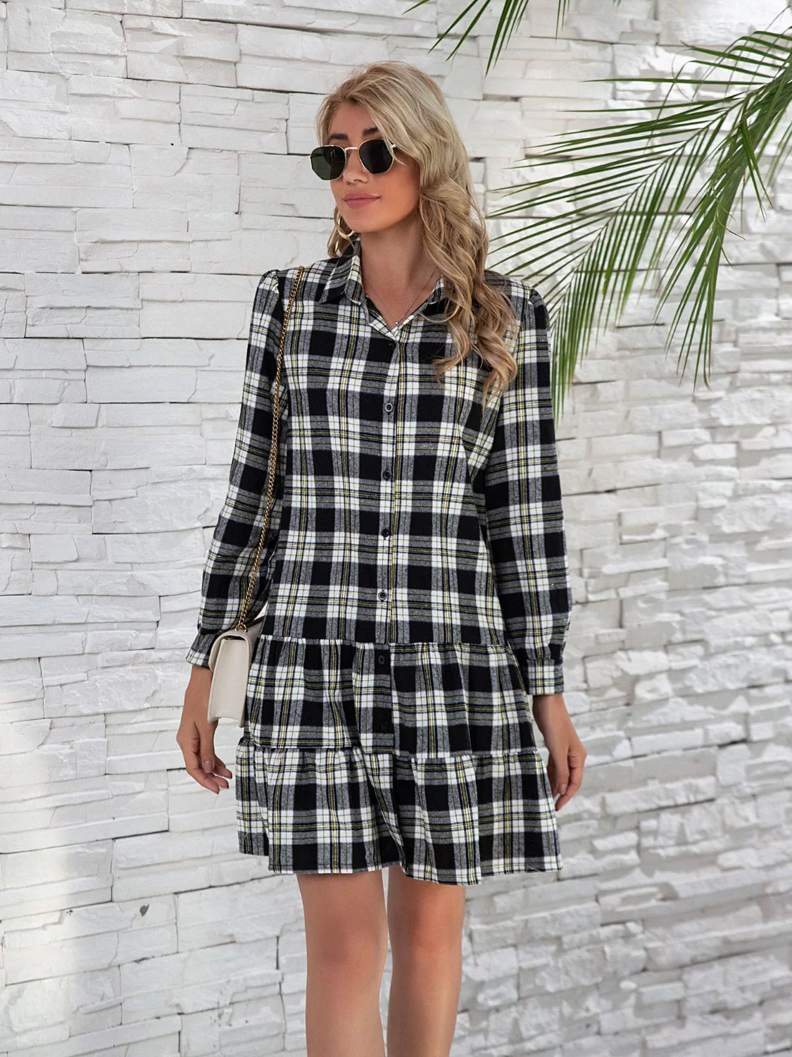 Ruffle Hem Plaid Button Down Long Sleeve Dress - Image 9