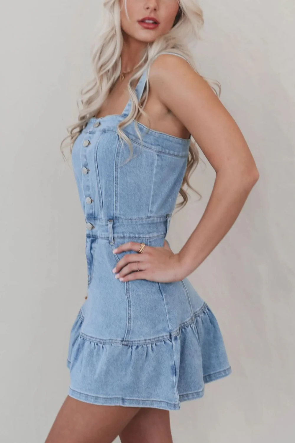 Ruffled Hem Button Front Square Neck Denim Dress - Image 2