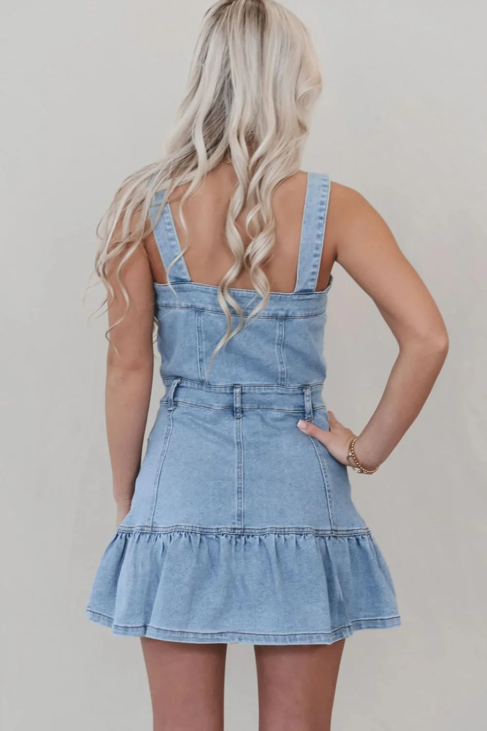 Ruffled Hem Button Front Square Neck Denim Dress - Image 3