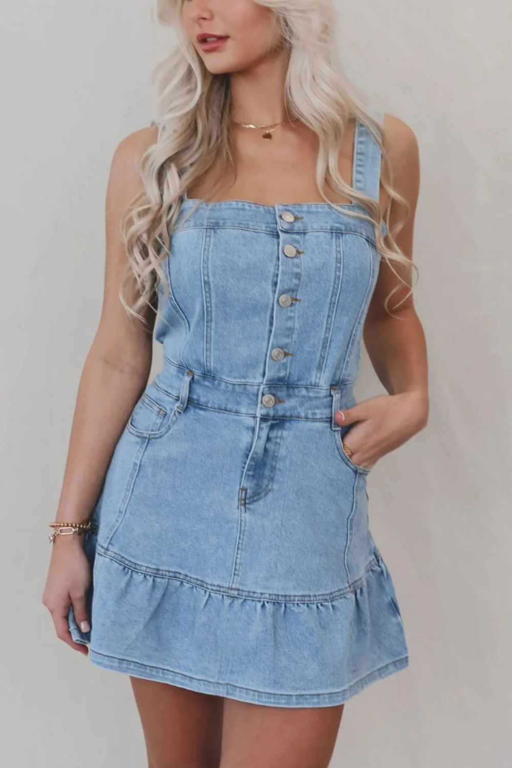 Ruffled Hem Button Front Square Neck Denim Dress - Image 4