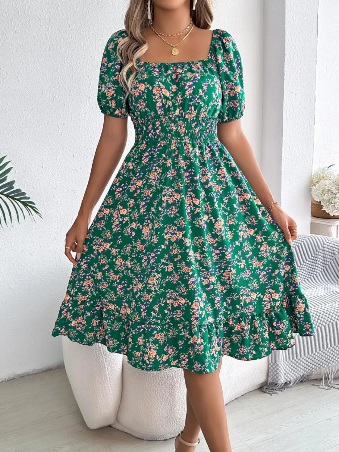 Ruffled Hem Floral Puff Sleeve Dress - Image 10