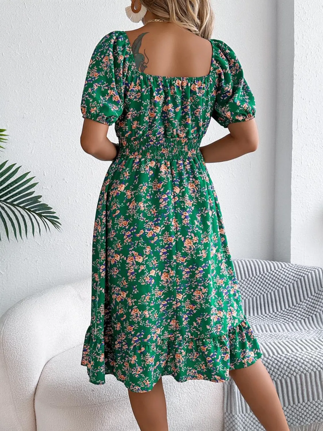 Ruffled Hem Floral Puff Sleeve Dress - Image 12