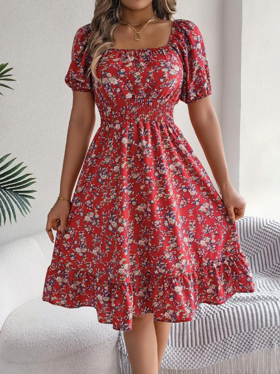 Ruffled Hem Floral Puff Sleeve Dress - Image 13