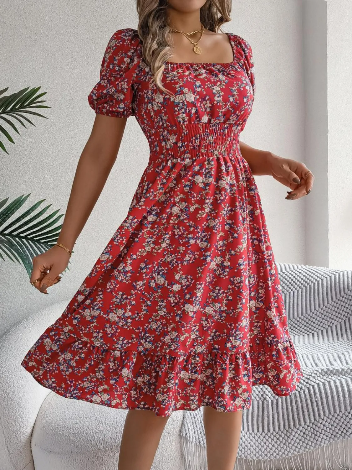 Ruffled Hem Floral Puff Sleeve Dress - Image 15