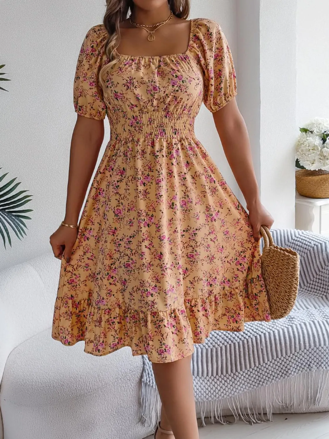 Ruffled Hem Floral Puff Sleeve Dress - Image 22