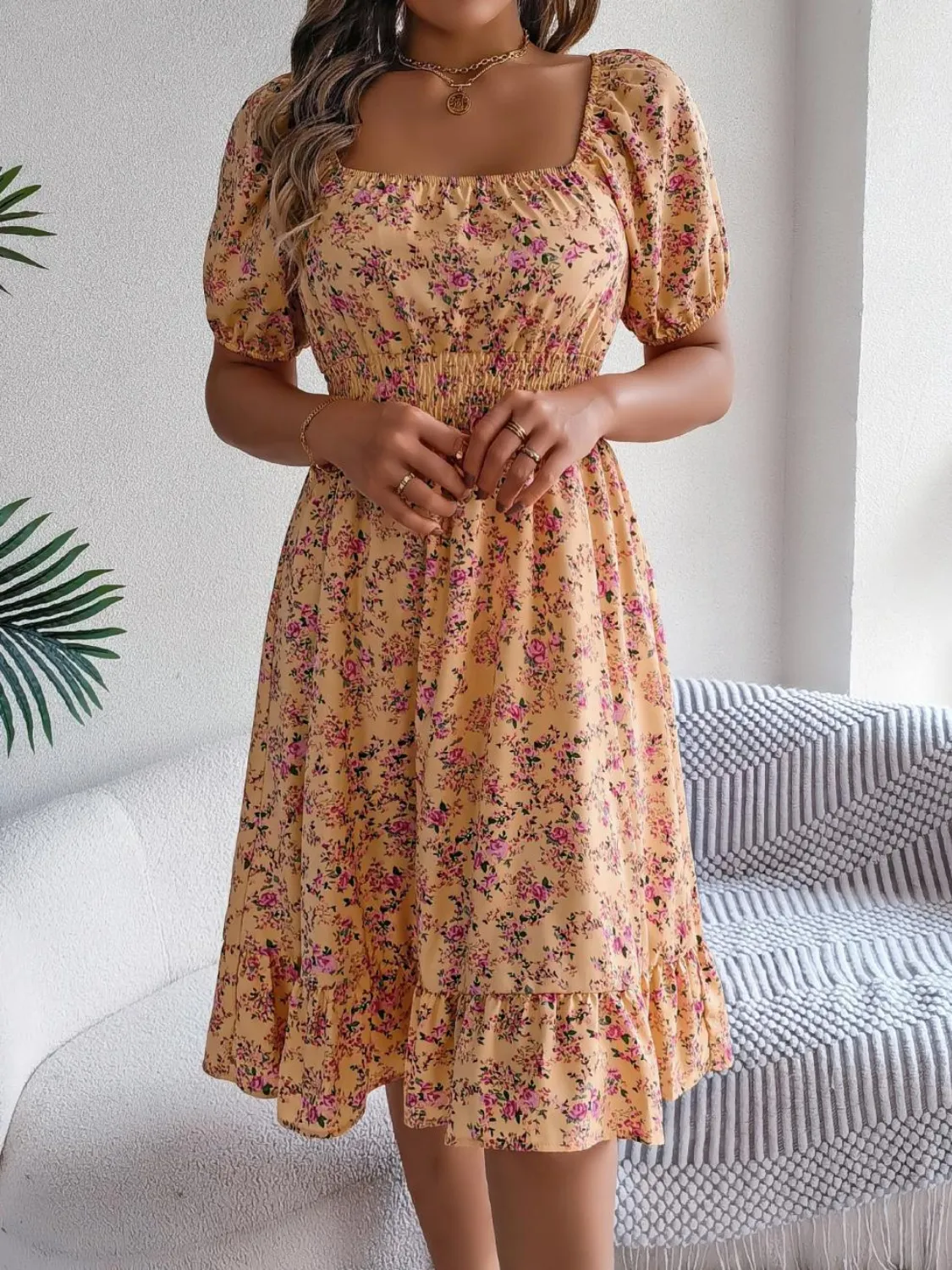 Ruffled Hem Floral Puff Sleeve Dress - Image 24