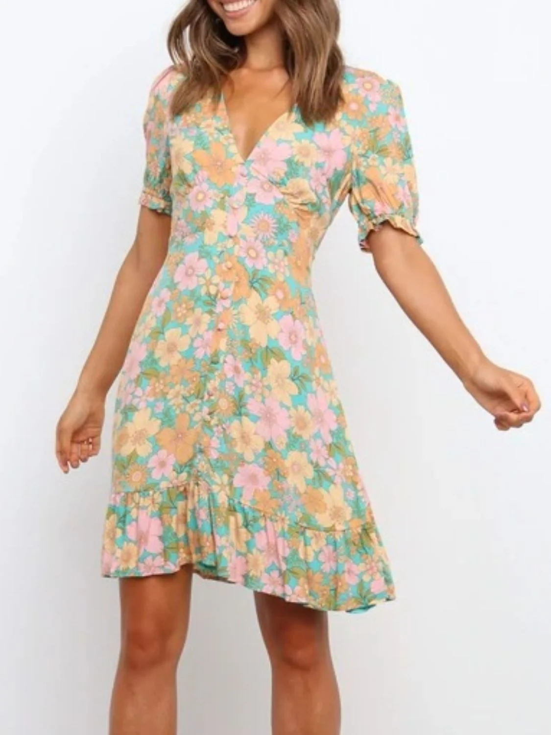 Ruffled Hem Printed Short Sleeve Mini Dress - Image 2