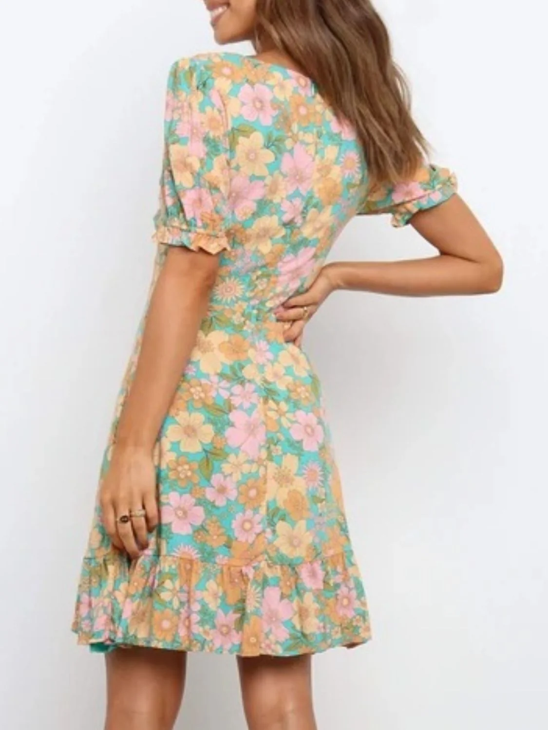 Ruffled Hem Printed Short Sleeve Mini Dress - Image 3