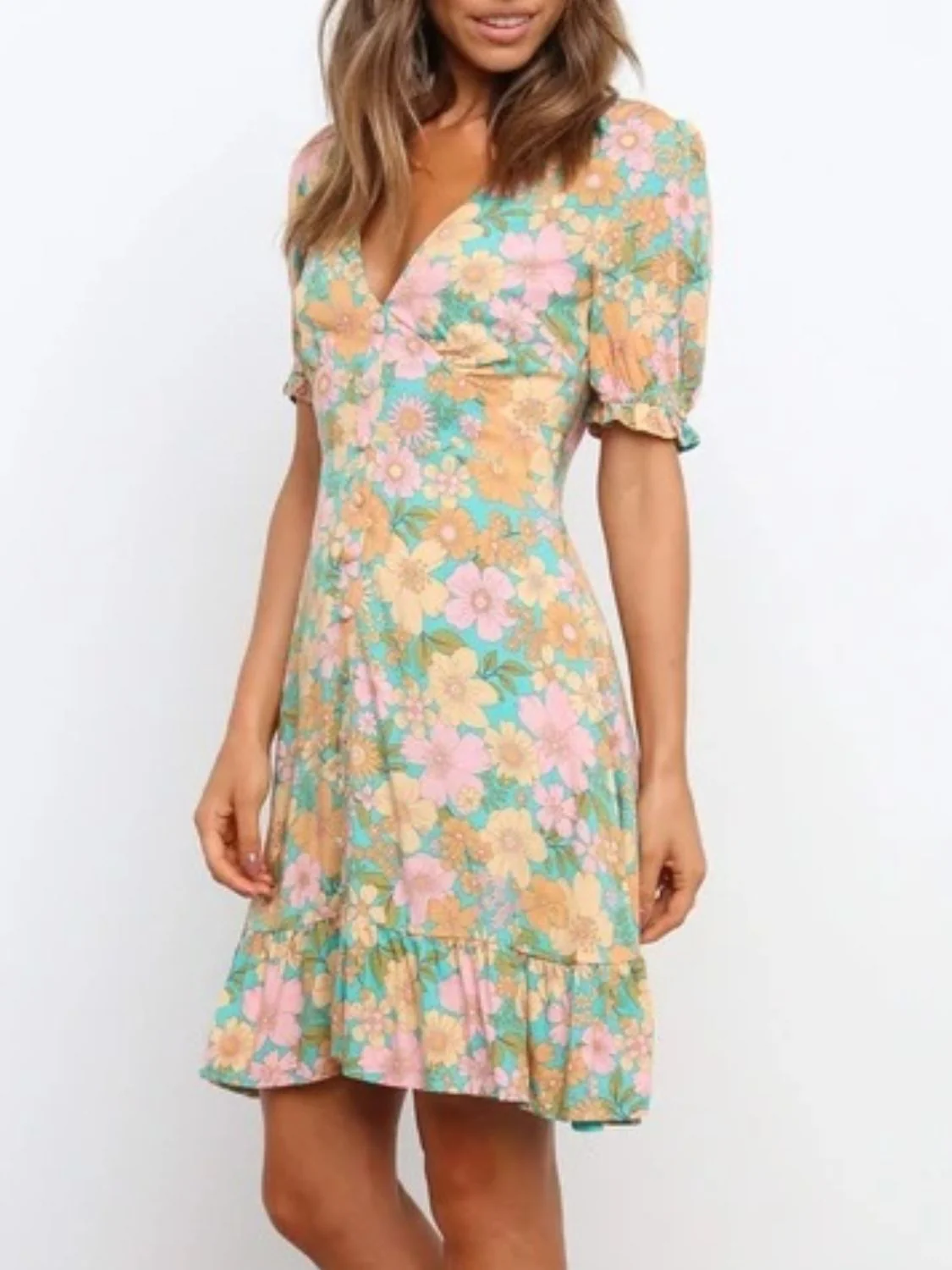 Ruffled Hem Printed Short Sleeve Mini Dress - Image 4