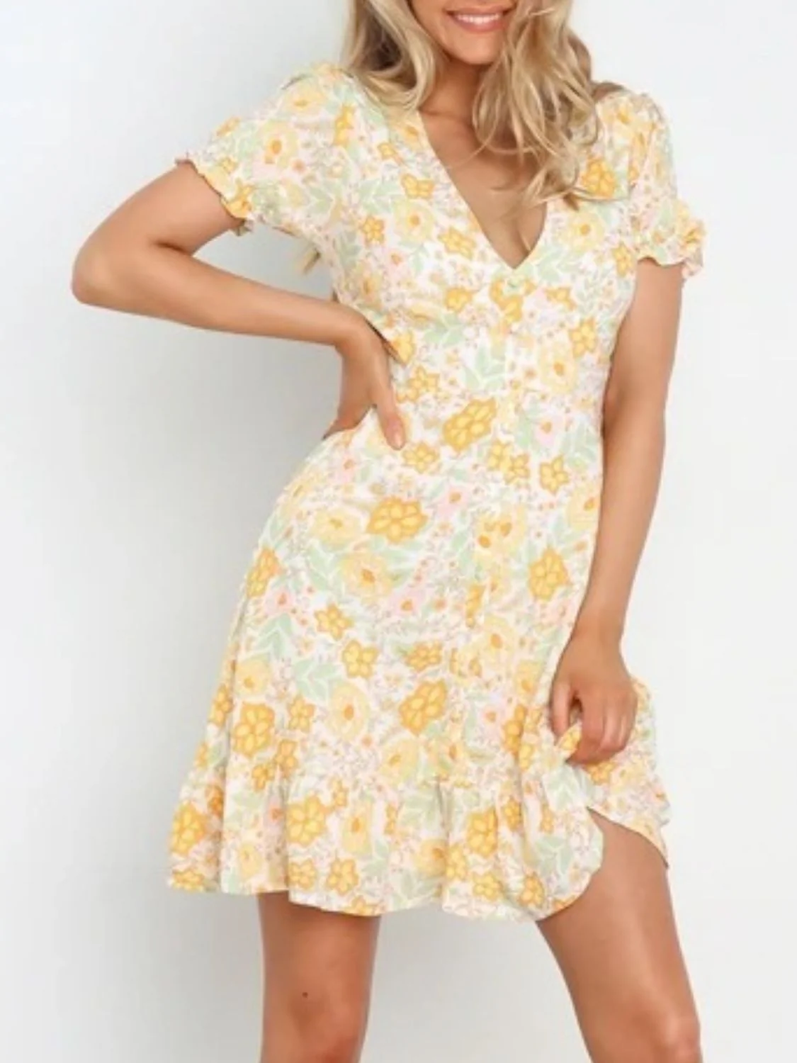 Ruffled Hem Printed Short Sleeve Mini Dress - Image 6