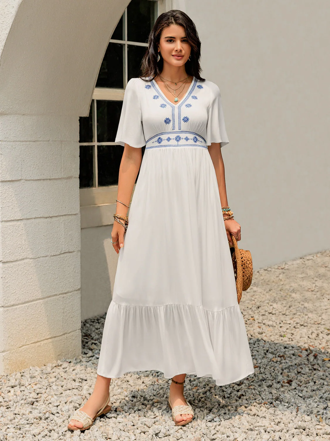 Ruffled Hem V-Neck Flutter Sleeve Dress - Image 2