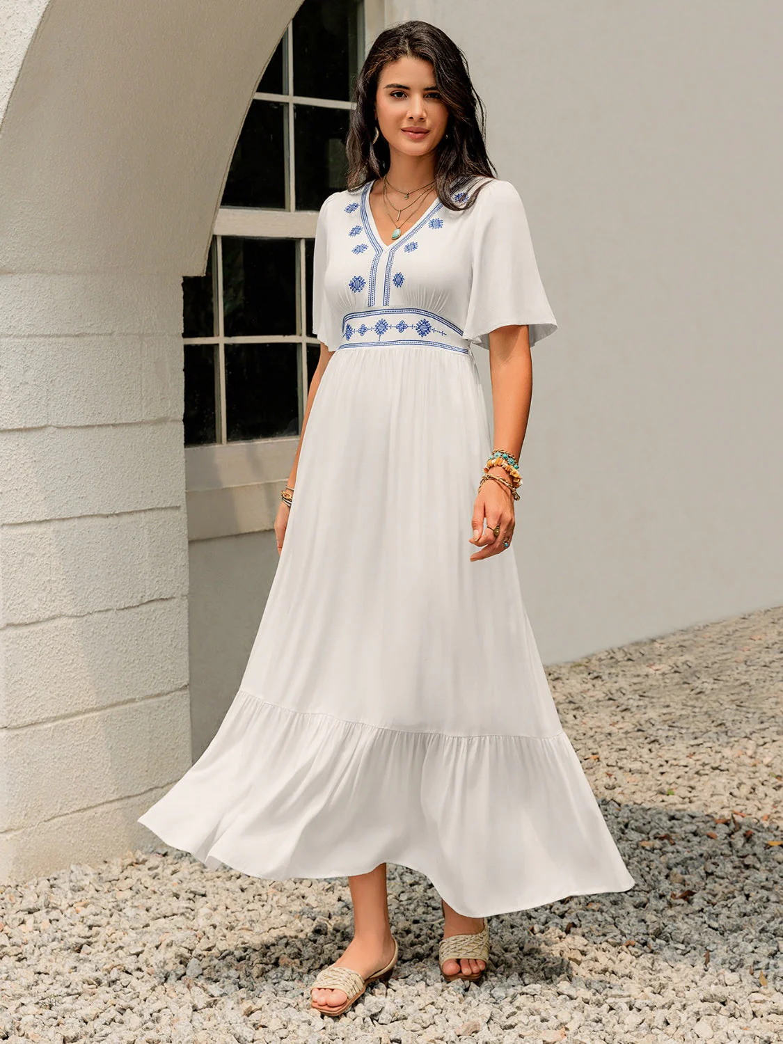 Ruffled Hem V-Neck Flutter Sleeve Dress - Image 3