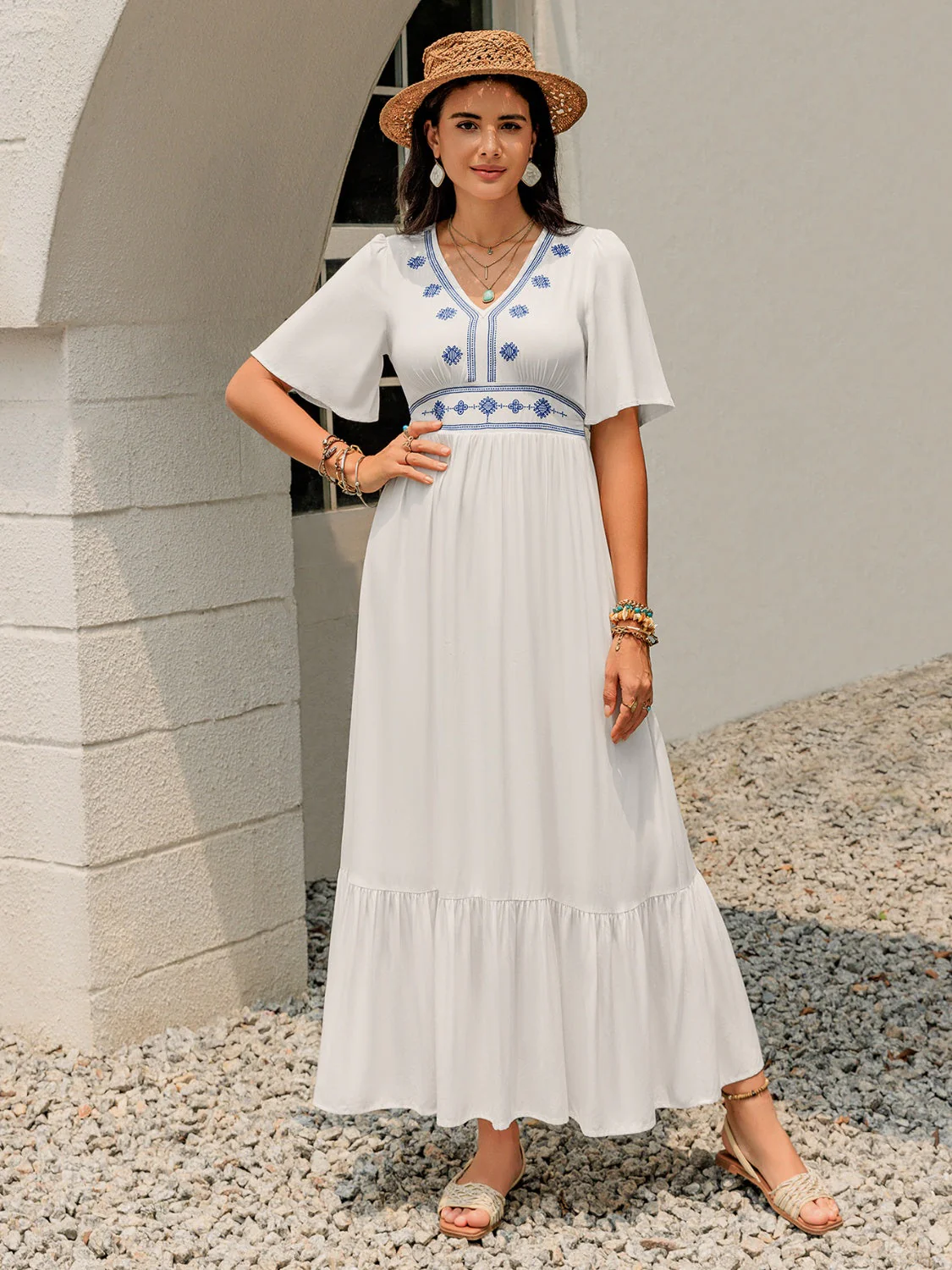 Ruffled Hem V-Neck Flutter Sleeve Dress - Image 4