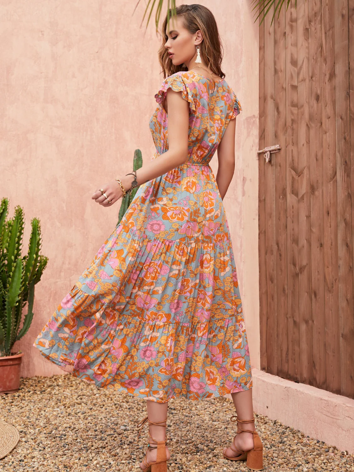Ruffled Printed V-Neck Cap Sleeve Tiered Dress - Image 2