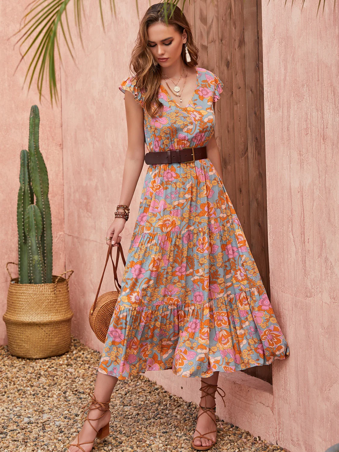 Ruffled Printed V-Neck Cap Sleeve Tiered Dress - Image 3