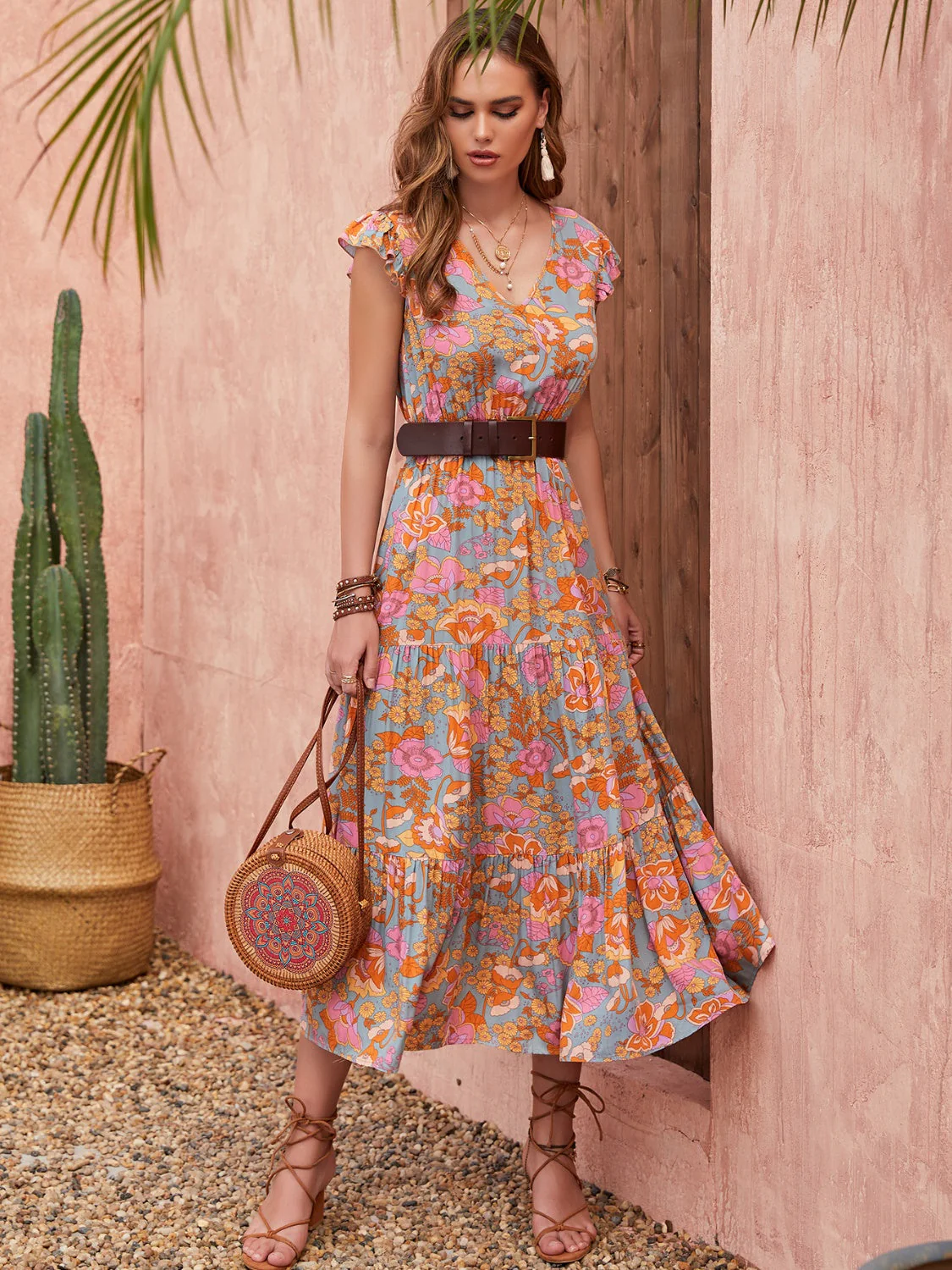 Ruffled Printed V-Neck Cap Sleeve Tiered Dress - Image 4