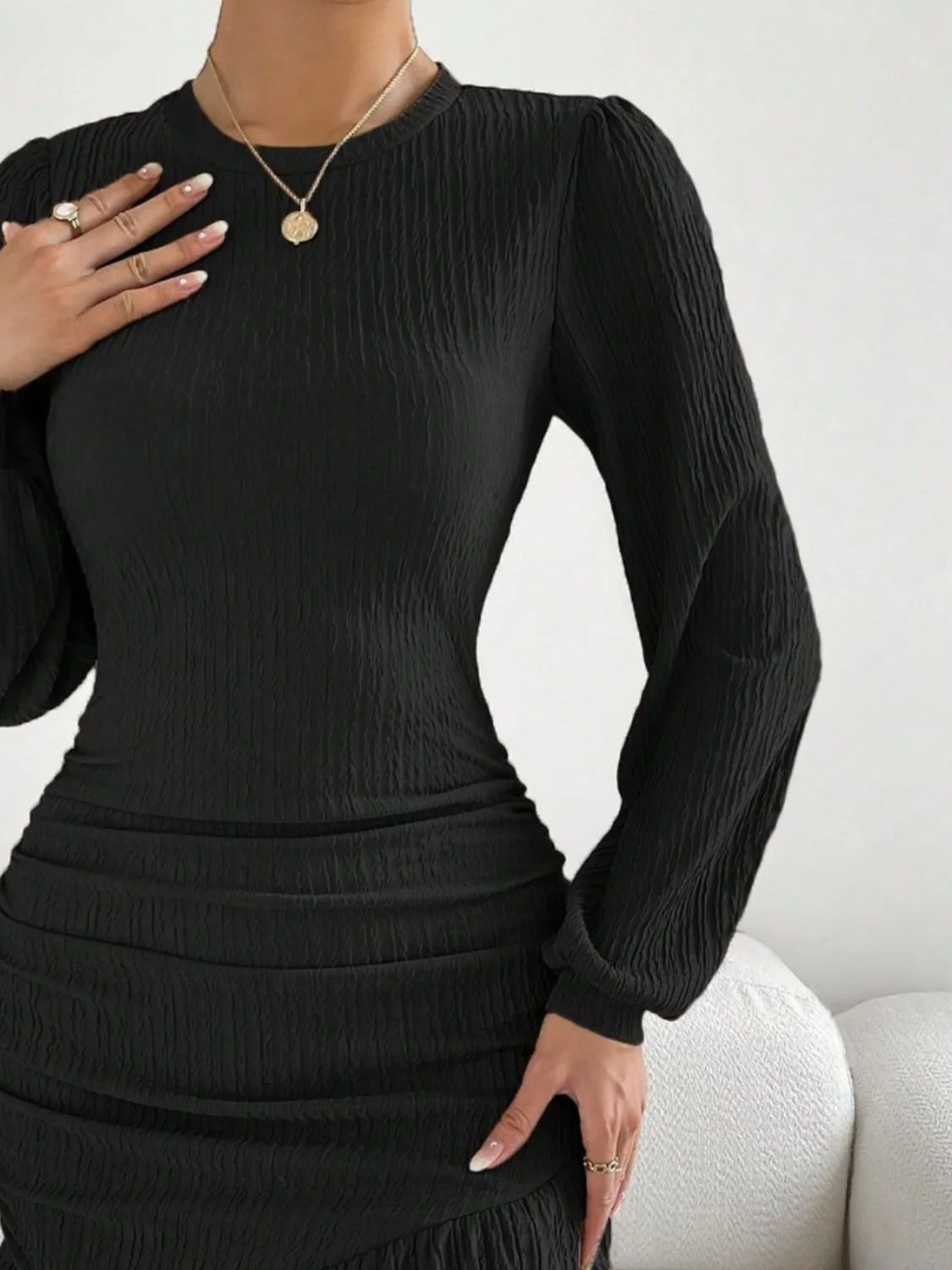 Ruffled Round Neck Long Sleeve Mini Dress - Image 9