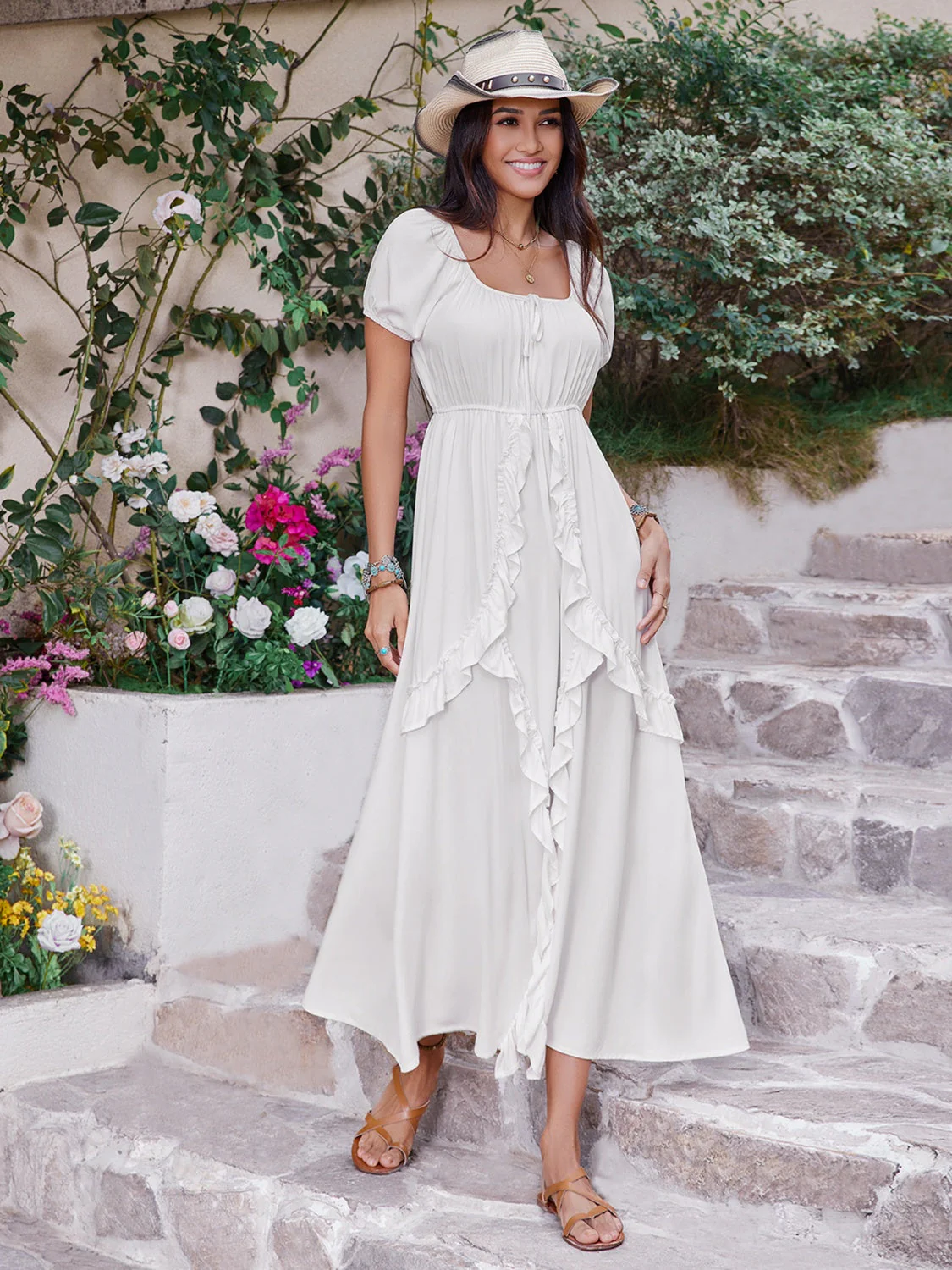 Ruffled Square Neck Short Sleeve Dress - Image 6