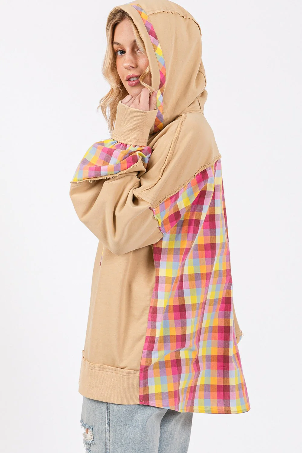 SAGE + FIG Full Size Plaid Print Washed Hoodie - Image 3