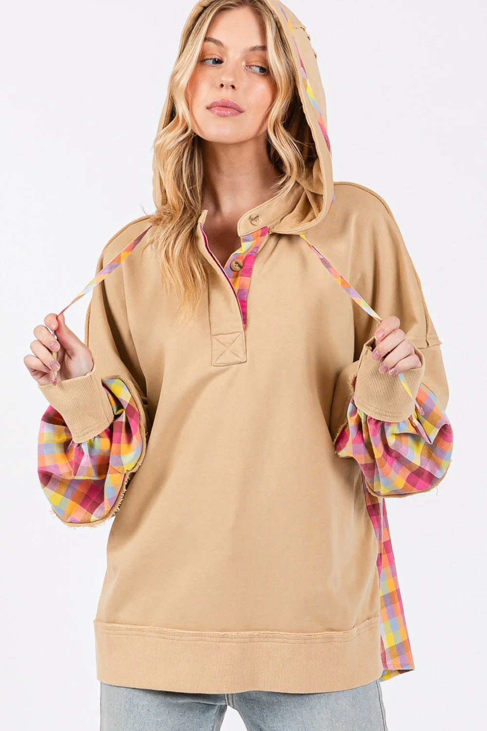 SAGE + FIG Full Size Plaid Print Washed Hoodie - Image 4