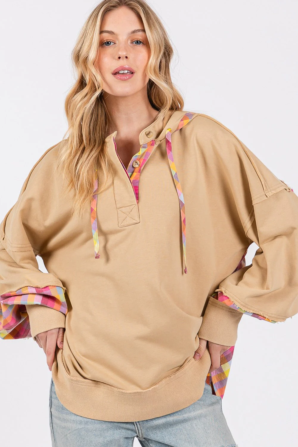 SAGE + FIG Full Size Plaid Print Washed Hoodie - Image 5