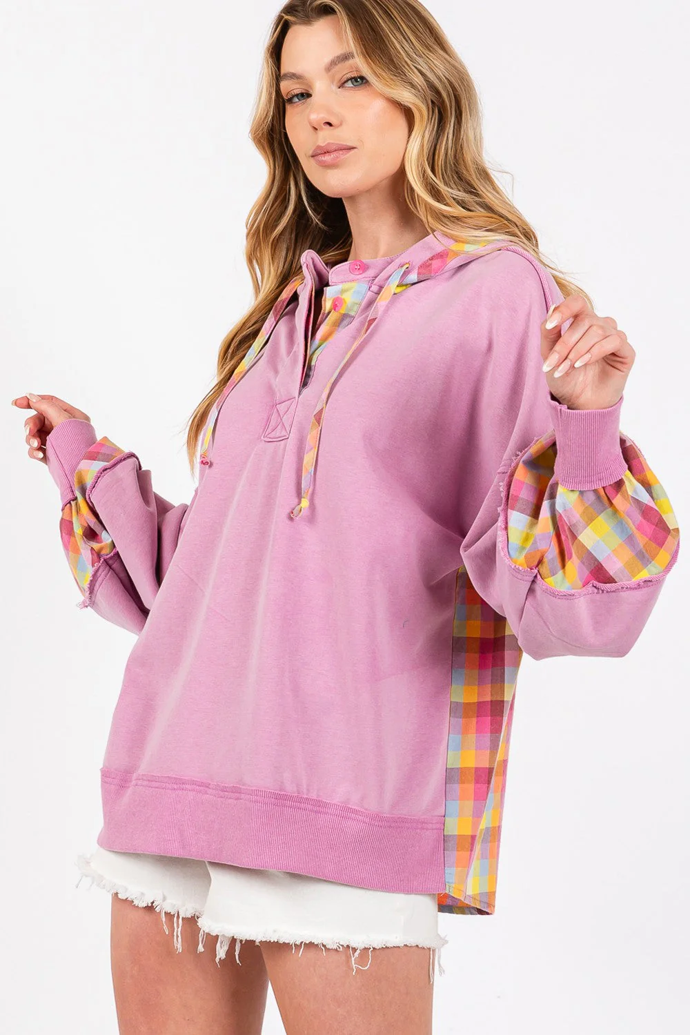 SAGE + FIG Full Size Plaid Print Washed Hoodie - Image 3