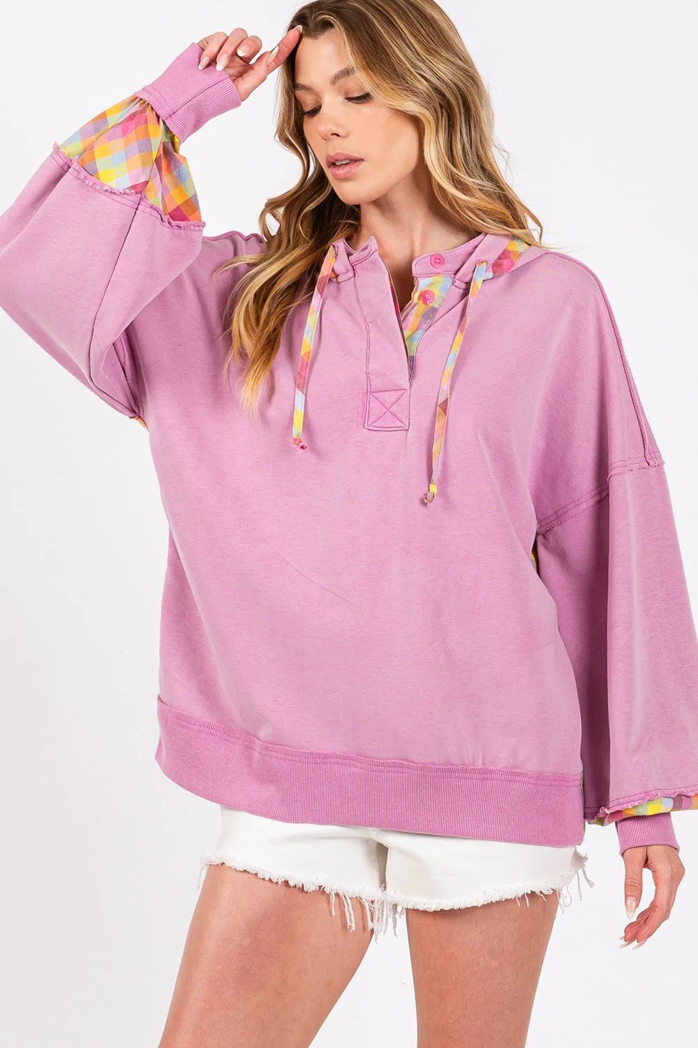 SAGE + FIG Full Size Plaid Print Washed Hoodie - Image 4