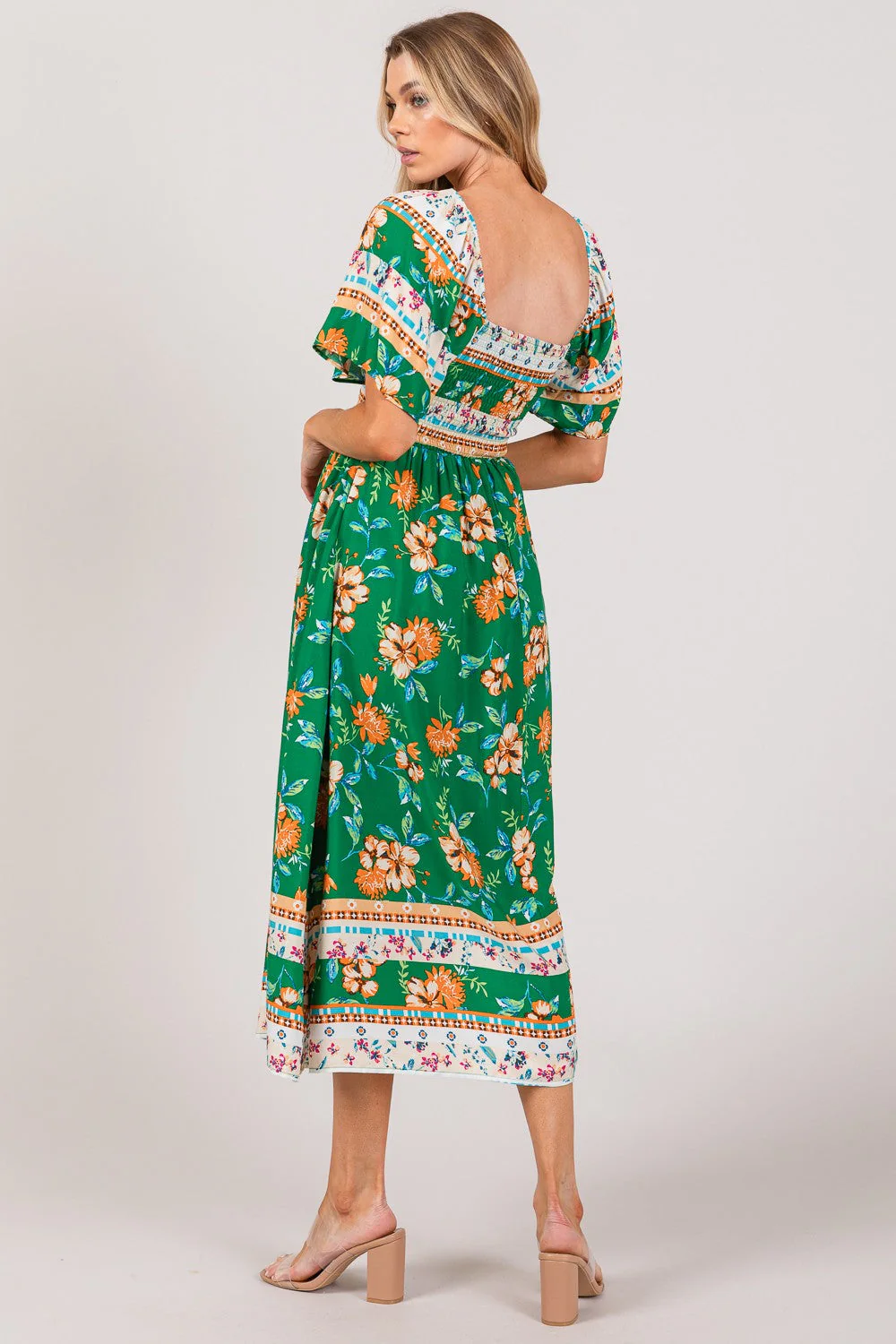 SAGE + FIG Printed Smocked Short Sleeve Midi Dress - Image 2