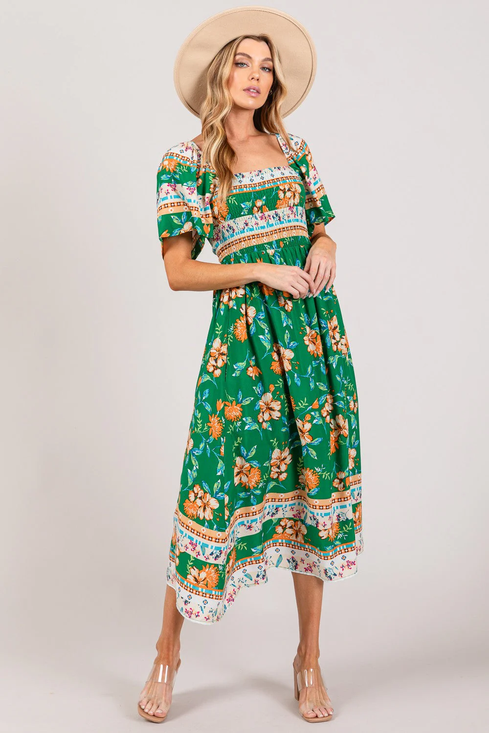 SAGE + FIG Printed Smocked Short Sleeve Midi Dress - Image 3