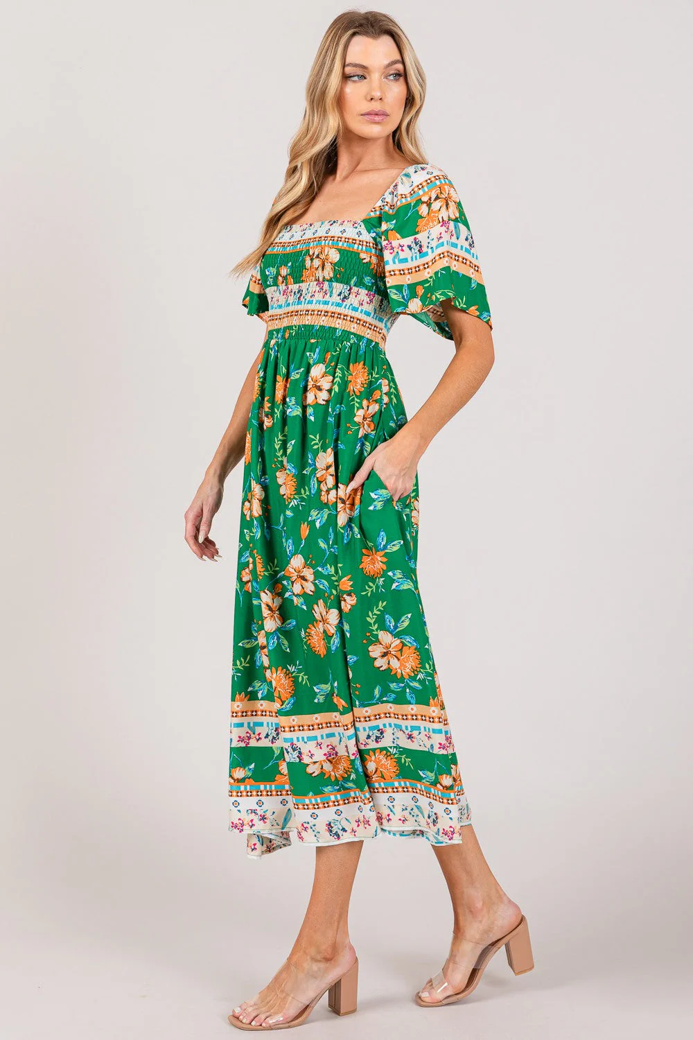 SAGE + FIG Printed Smocked Short Sleeve Midi Dress - Image 4