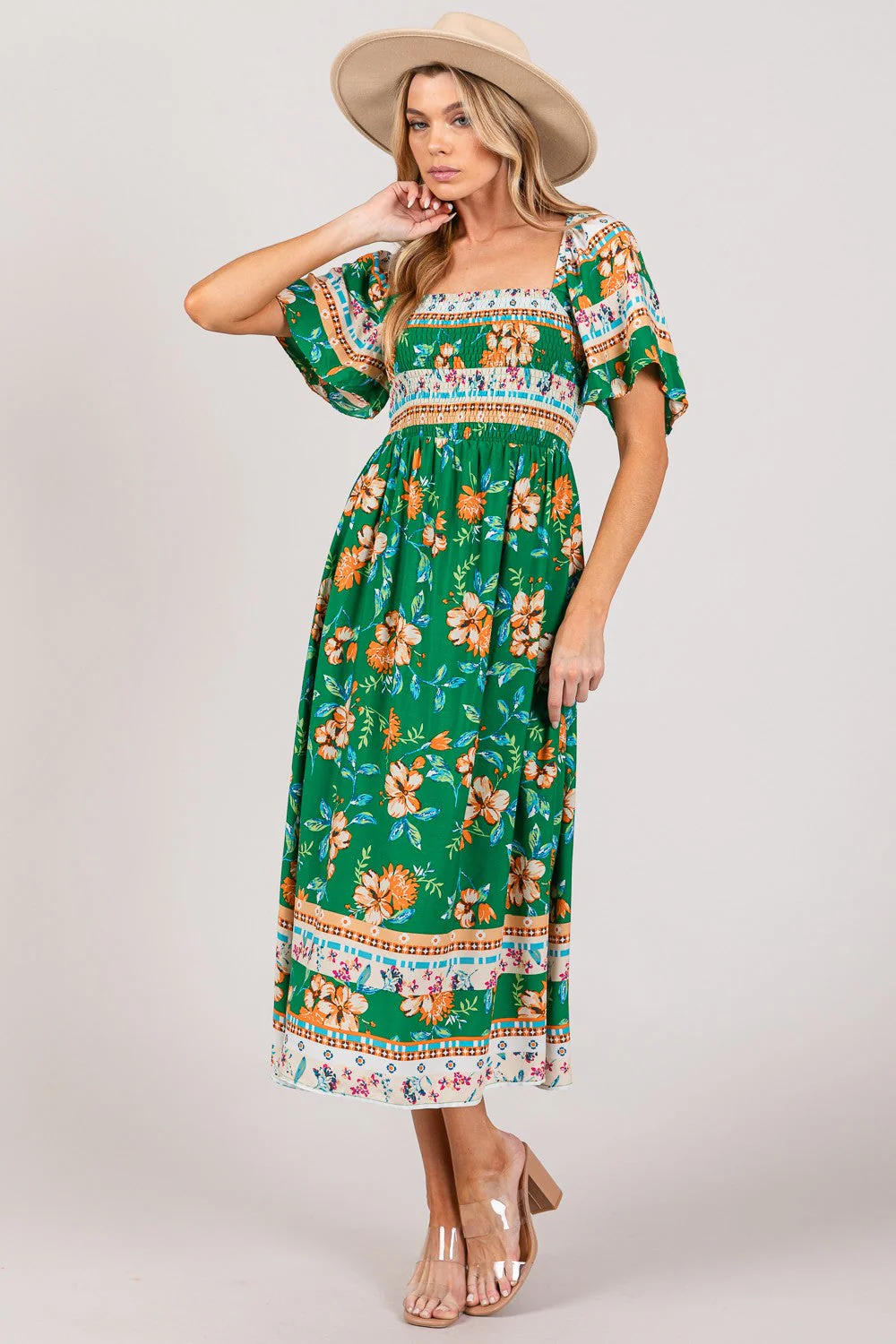 SAGE + FIG Printed Smocked Short Sleeve Midi Dress - Image 5