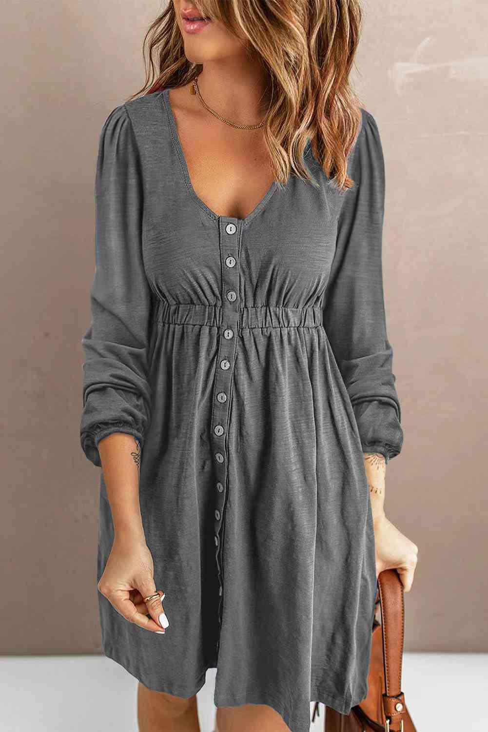 Scoop Neck Empire Waist Long Sleeve Mini Dress - Image 15