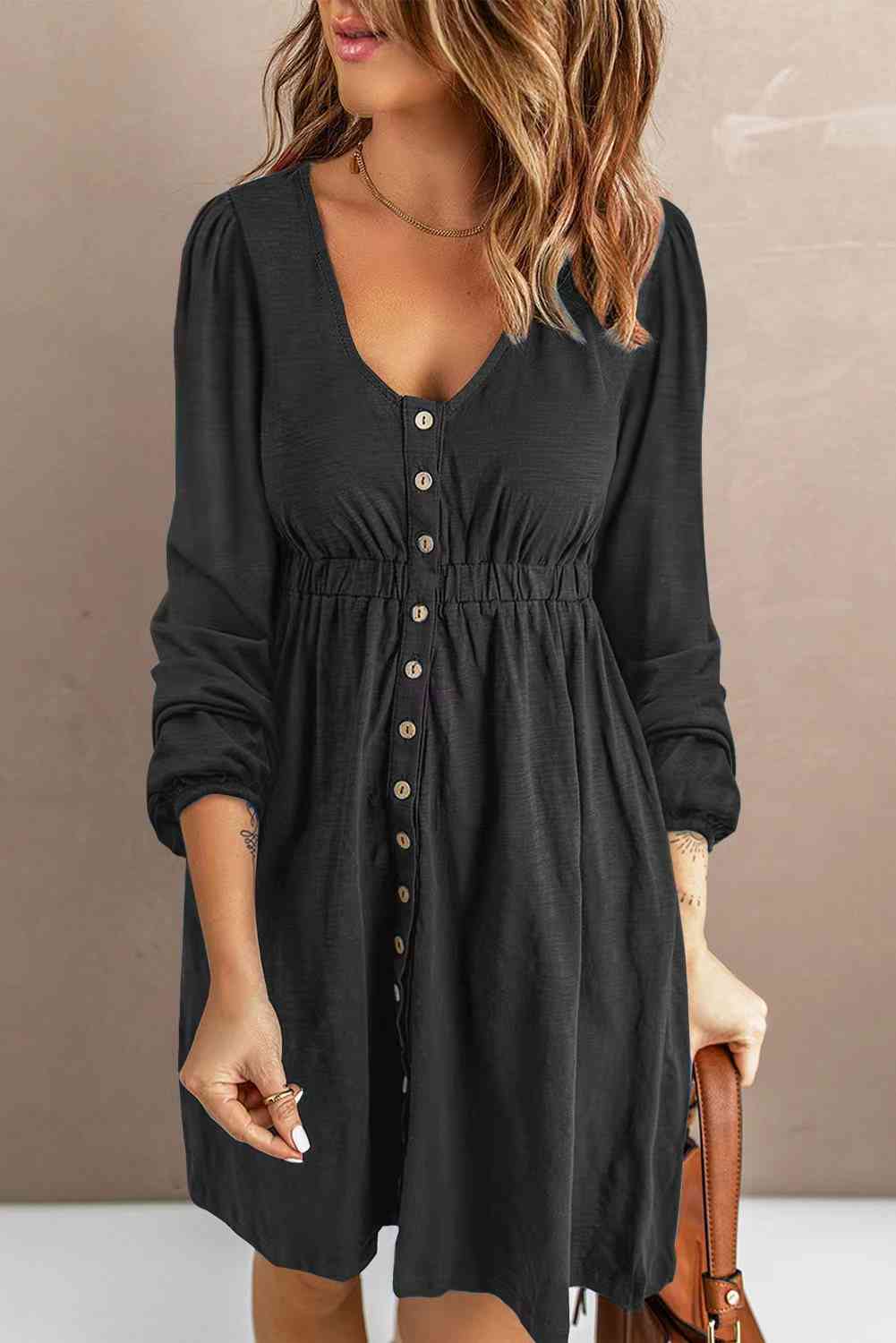 Scoop Neck Empire Waist Long Sleeve Mini Dress - Image 20