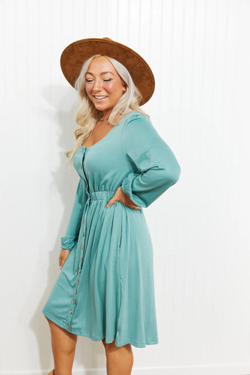 Scoop Neck Empire Waist Long Sleeve Mini Dress - Image 4