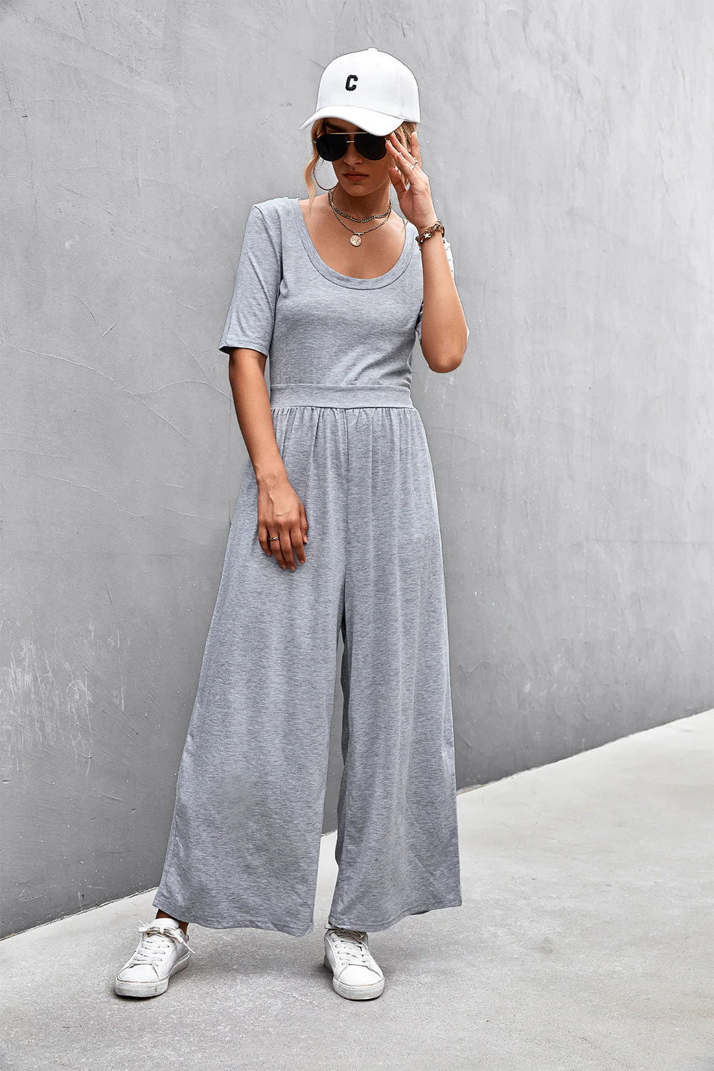 Scoop Neck Half Sleeve Wide Leg Jumpsuit - Image 10