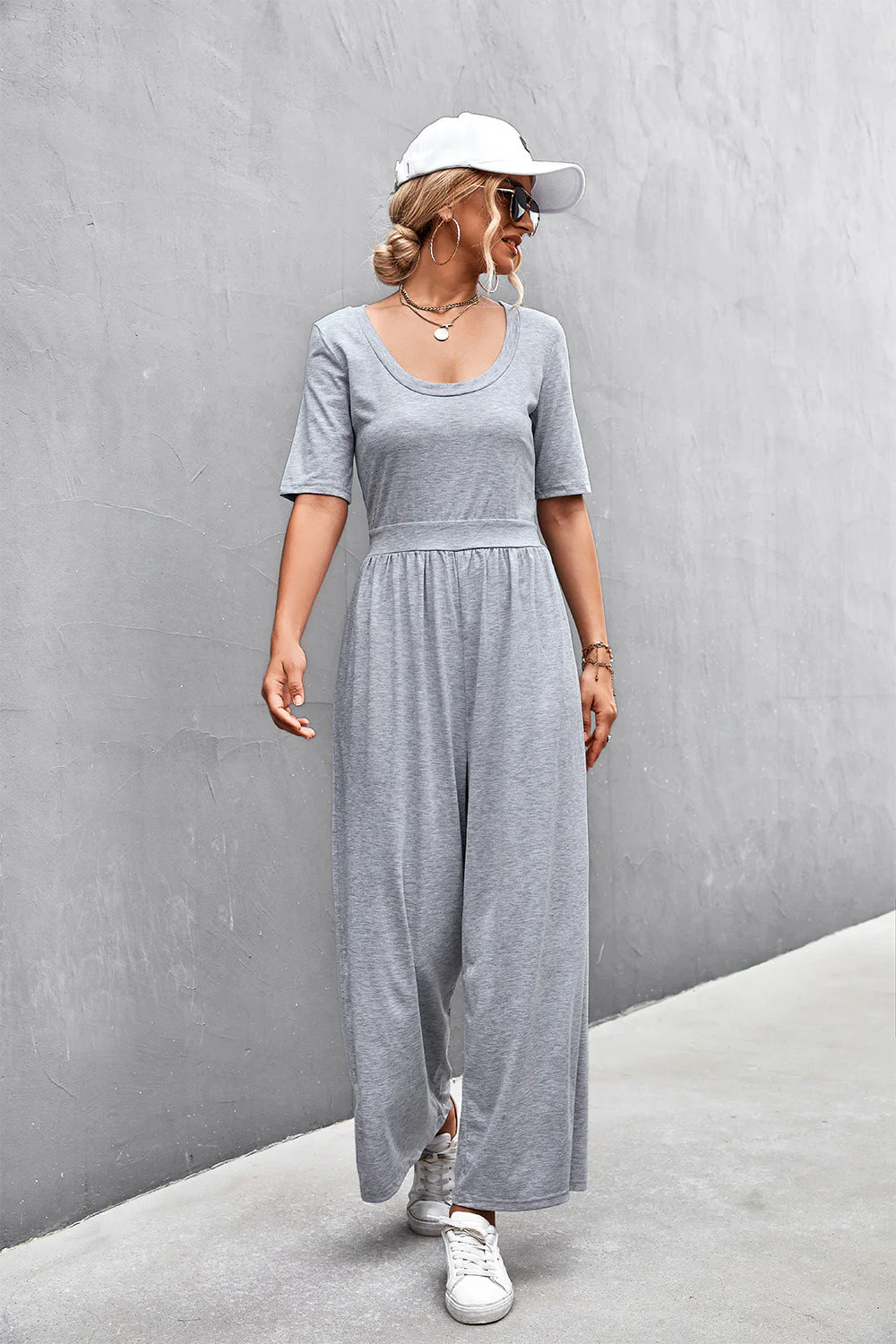 Scoop Neck Half Sleeve Wide Leg Jumpsuit - Image 11