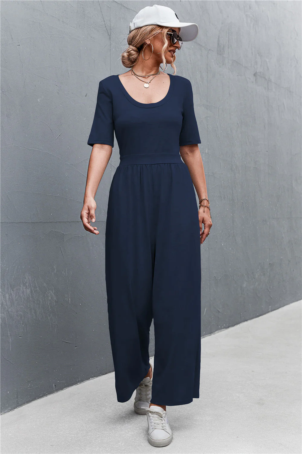 Scoop Neck Half Sleeve Wide Leg Jumpsuit - Image 13