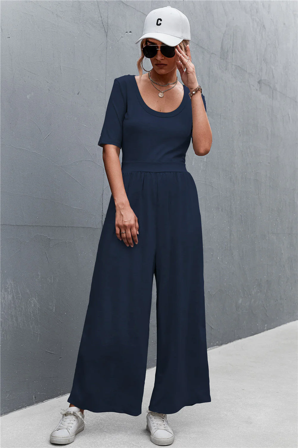 Scoop Neck Half Sleeve Wide Leg Jumpsuit - Image 14
