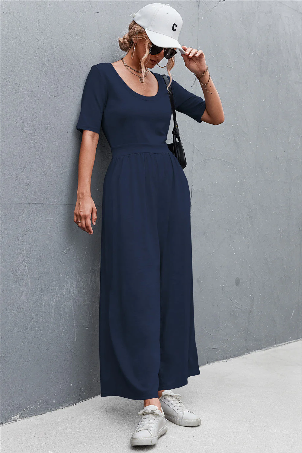 Scoop Neck Half Sleeve Wide Leg Jumpsuit - Image 15