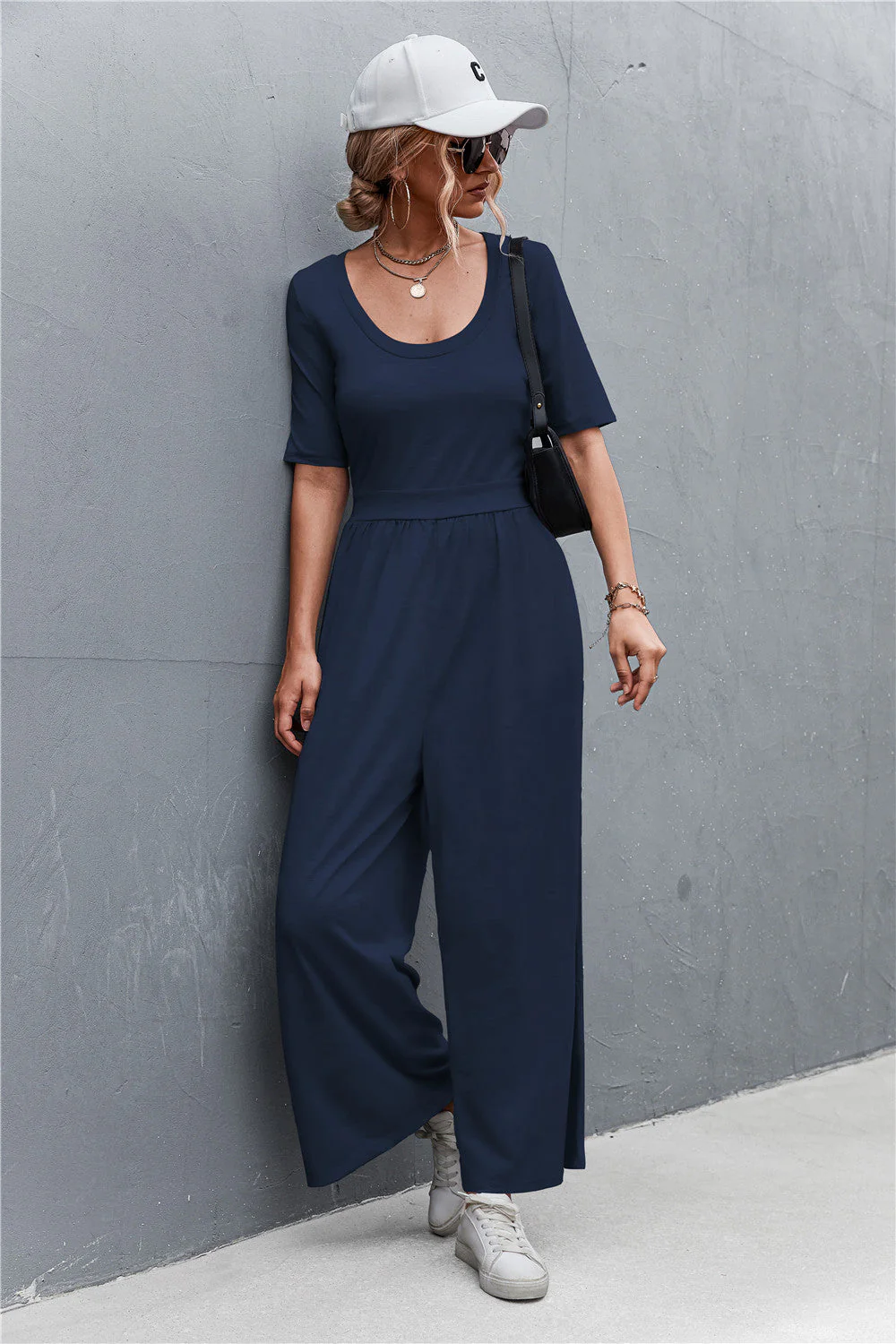 Scoop Neck Half Sleeve Wide Leg Jumpsuit - Image 16